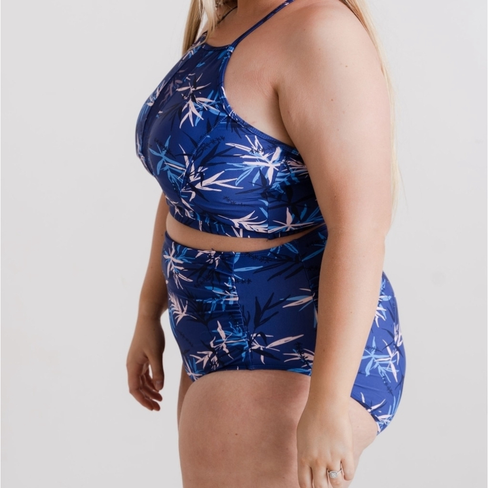 NWT 2XL High Waist Ruched Bikini Swimsuit Bottom Blue Palm - Picture 4 of 16